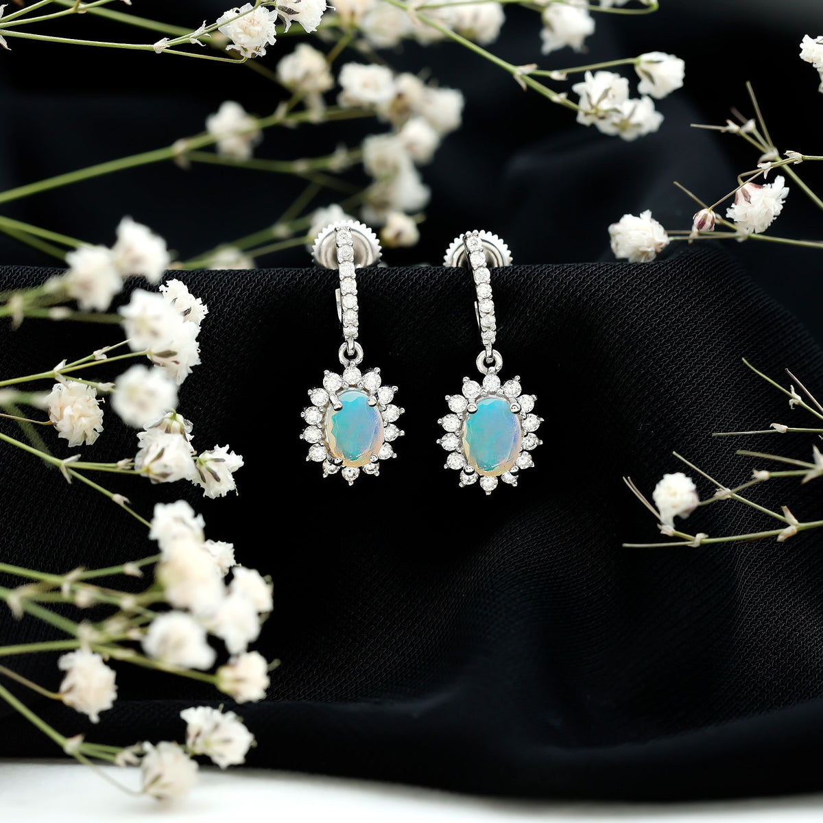 Ethiopian Opal Earrings – Oval Opal Earrings With Moissanite Halo | Durable Gemstone Jewelry