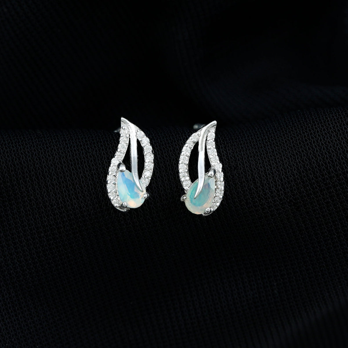 Ethiopian Opal Earrings – Pear Shape Leaf Studs with Sparkling Moissanite Jewelry