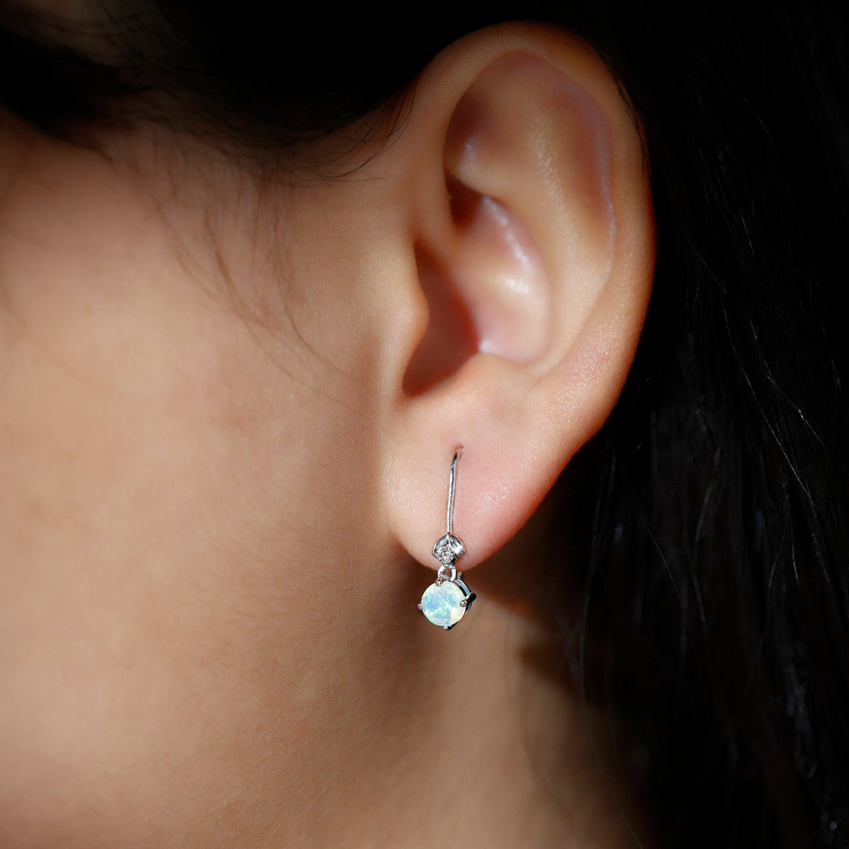 Ethiopian Opal Earrings – Round Opal Drop Earrings with Diamond & Fish Hook Design