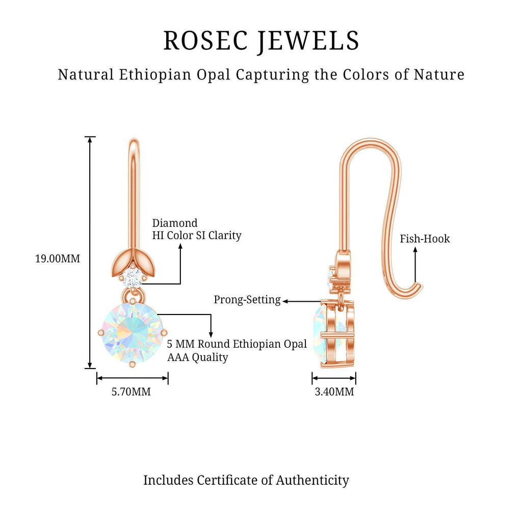 Ethiopian Opal Earrings – Round Opal Drop Earrings with Diamond & Fish Hook Design