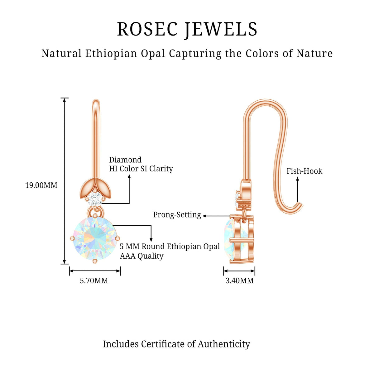 Ethiopian Opal Earrings – Round Opal Drop Earrings with Diamond & Fish Hook Design