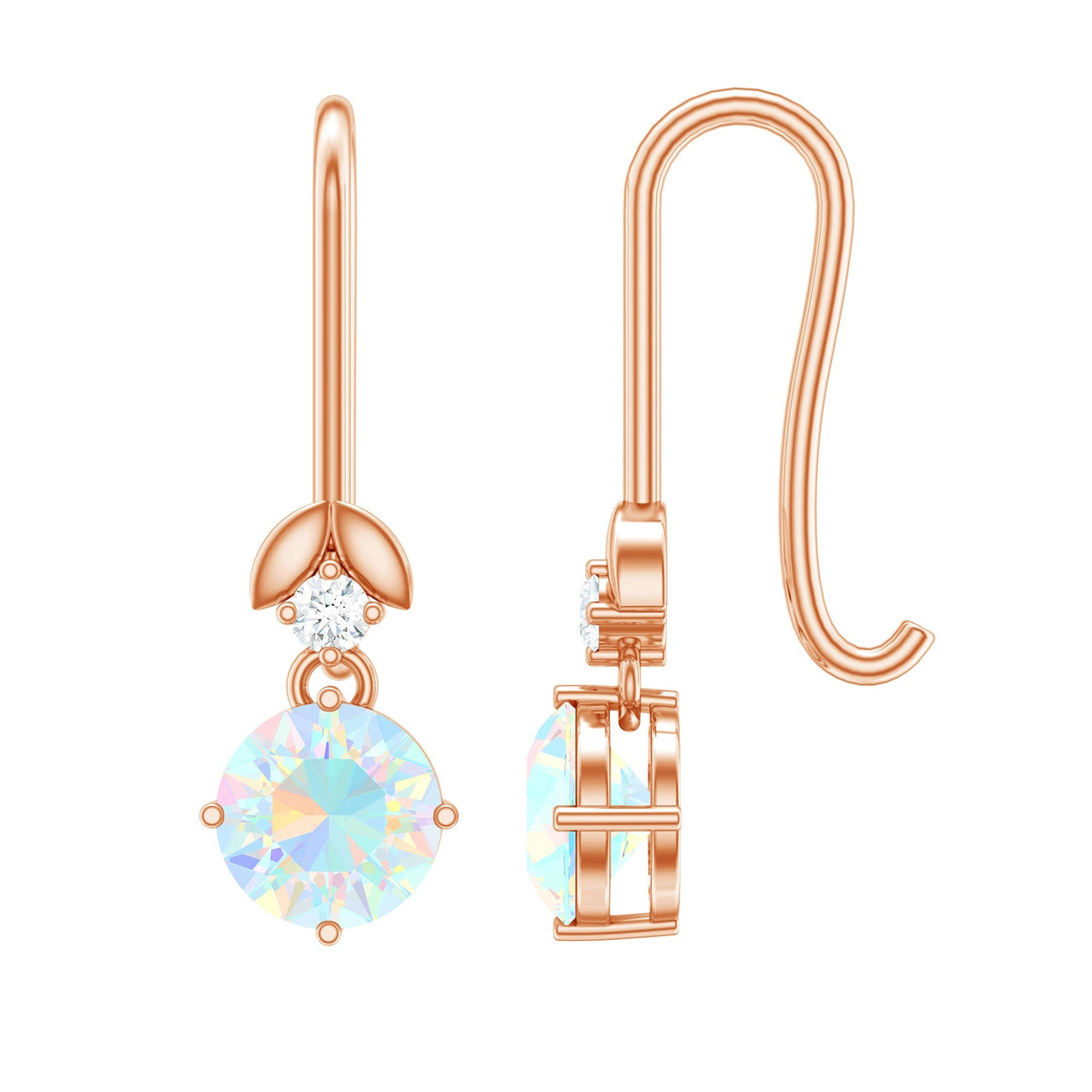 Ethiopian Opal Earrings – Round Opal Drop Earrings with Diamond & Fish Hook Design