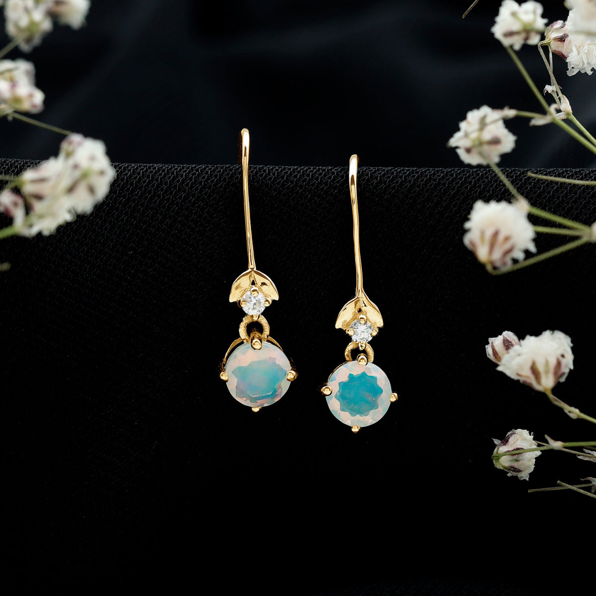 Ethiopian Opal Earrings – Round Opal Drop Earrings with Diamond & Fish Hook Design