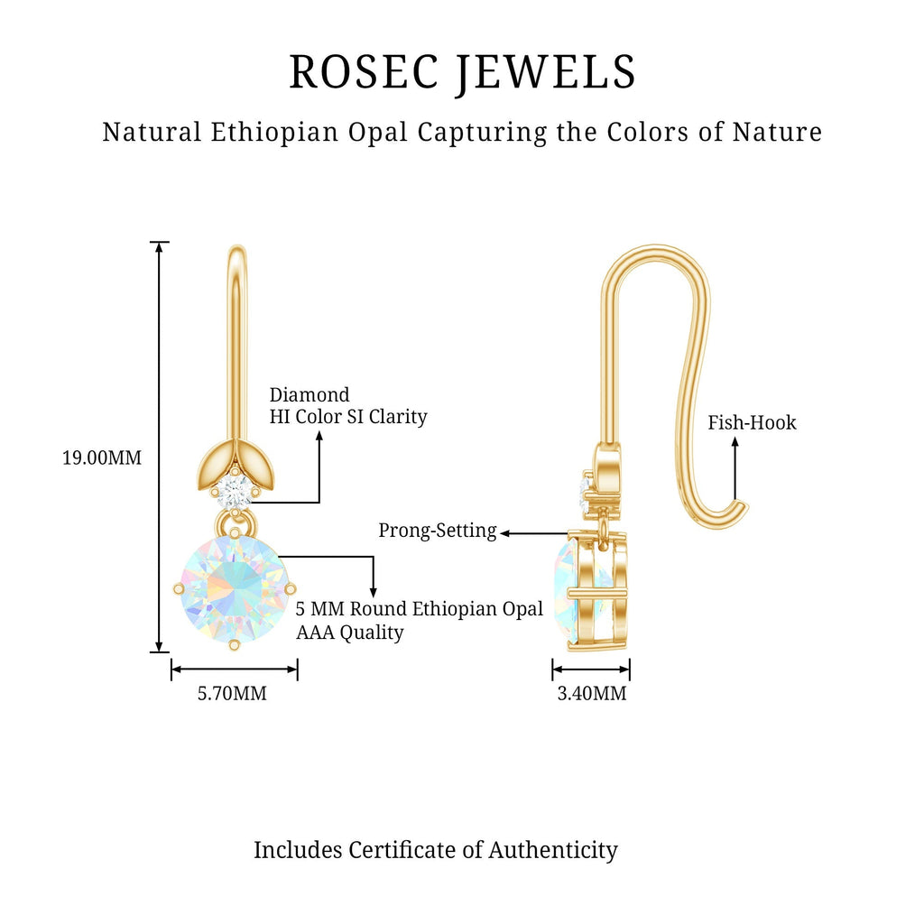 Ethiopian Opal Earrings – Round Opal Drop Earrings with Diamond & Fish Hook Design