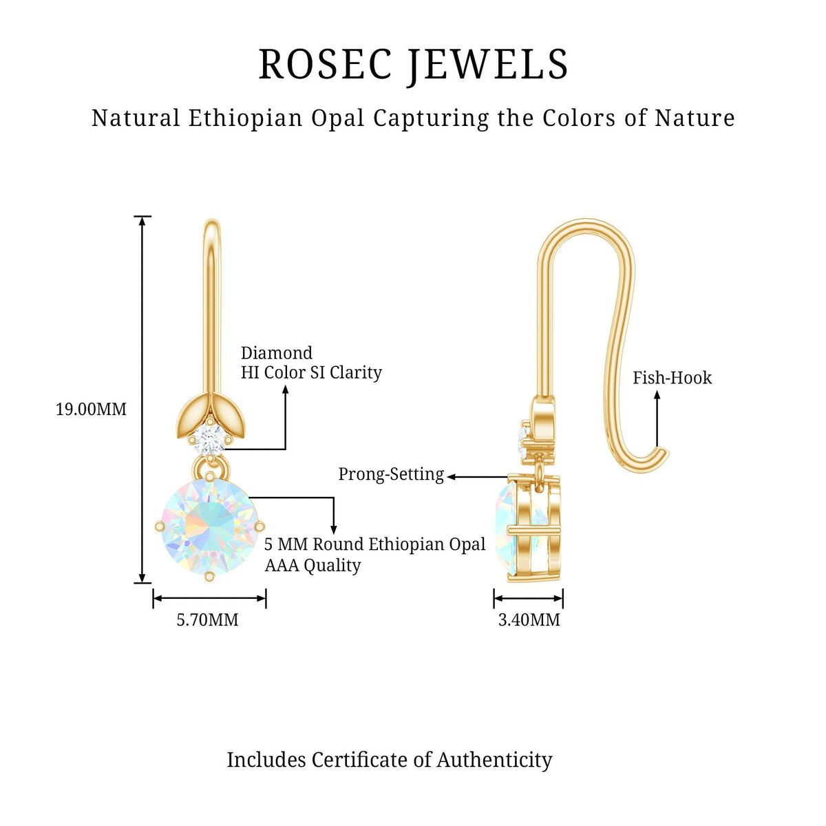 Ethiopian Opal Earrings – Round Opal Drop Earrings with Diamond & Fish Hook Design