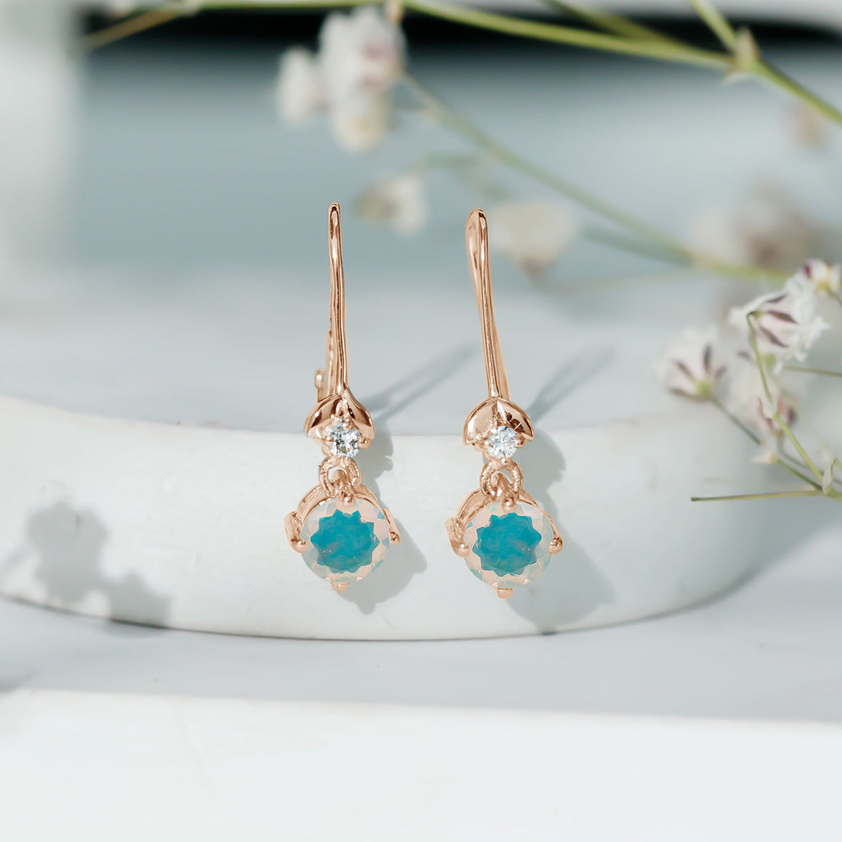Ethiopian Opal Earrings – Round Opal Drop Earrings with Diamond & Fish Hook Design