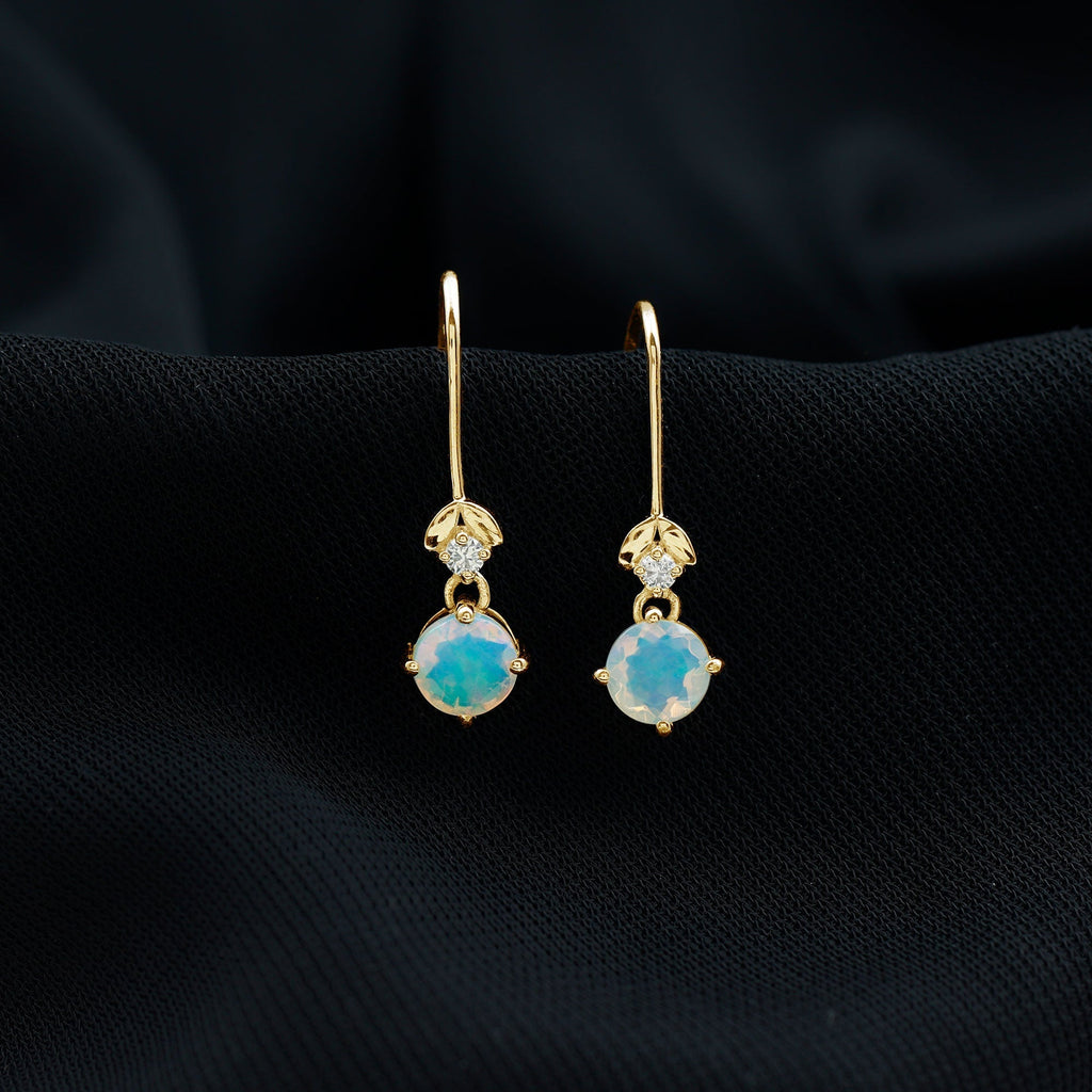 Ethiopian Opal Earrings – Round Opal Drop Earrings with Diamond & Fish Hook Design