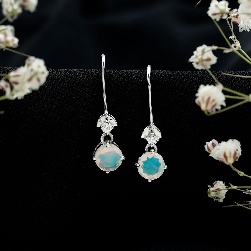 Ethiopian Opal Earrings – Round Opal Drop Earrings with Diamond & Fish Hook Design