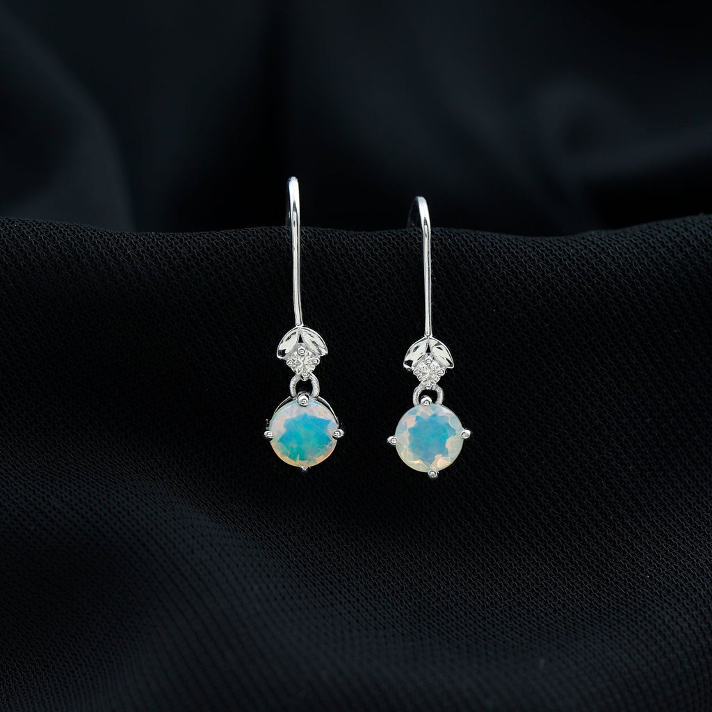 Ethiopian Opal Earrings – Round Opal Drop Earrings with Diamond & Fish Hook Design