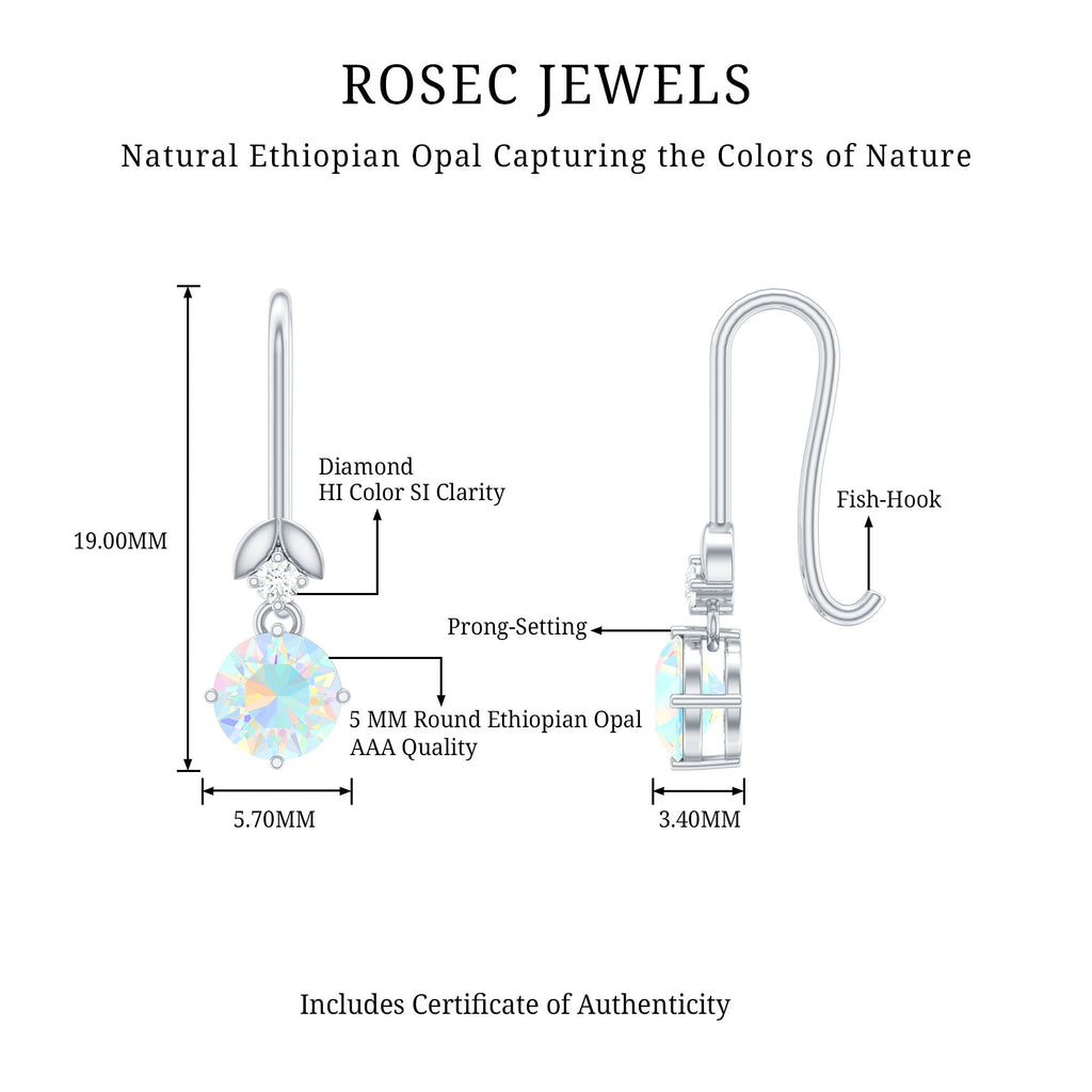Ethiopian Opal Earrings – Round Opal Drop Earrings with Diamond & Fish Hook Design