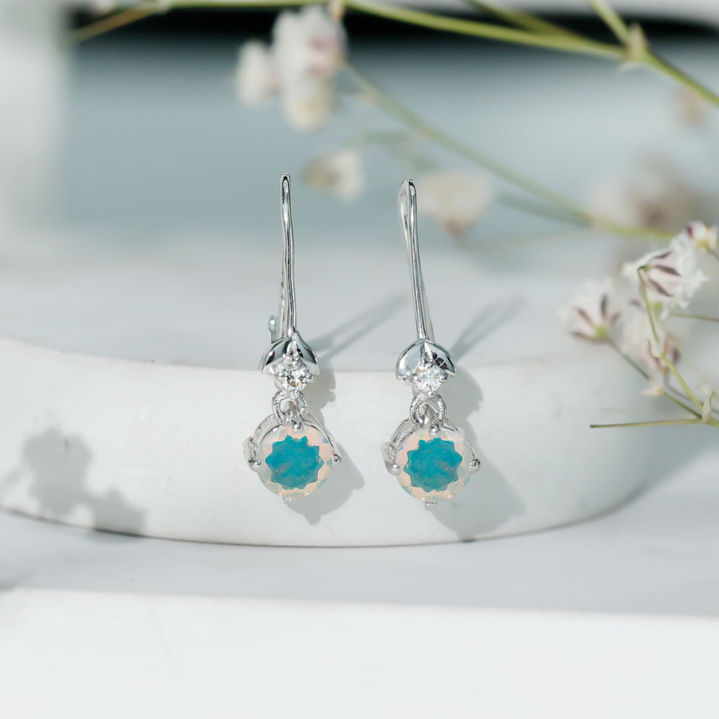 Ethiopian Opal Earrings – Round Opal Drop Earrings with Diamond & Fish Hook Design