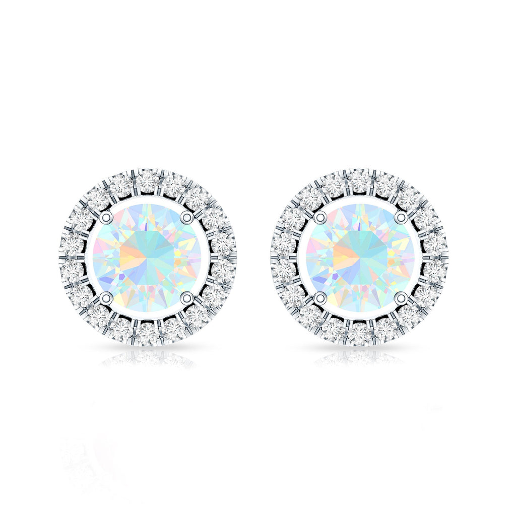 Ethiopian Opal Earrings – Round Opal Studs with Diamond Halo Design | Rosec Jewels
