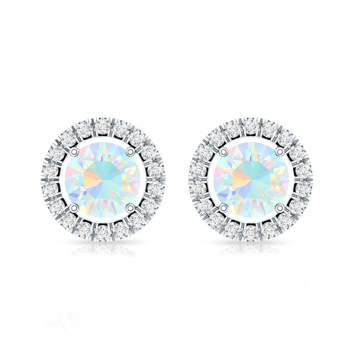 Ethiopian Opal Earrings – Round Opal Studs with Diamond Halo Design | Rosec Jewels