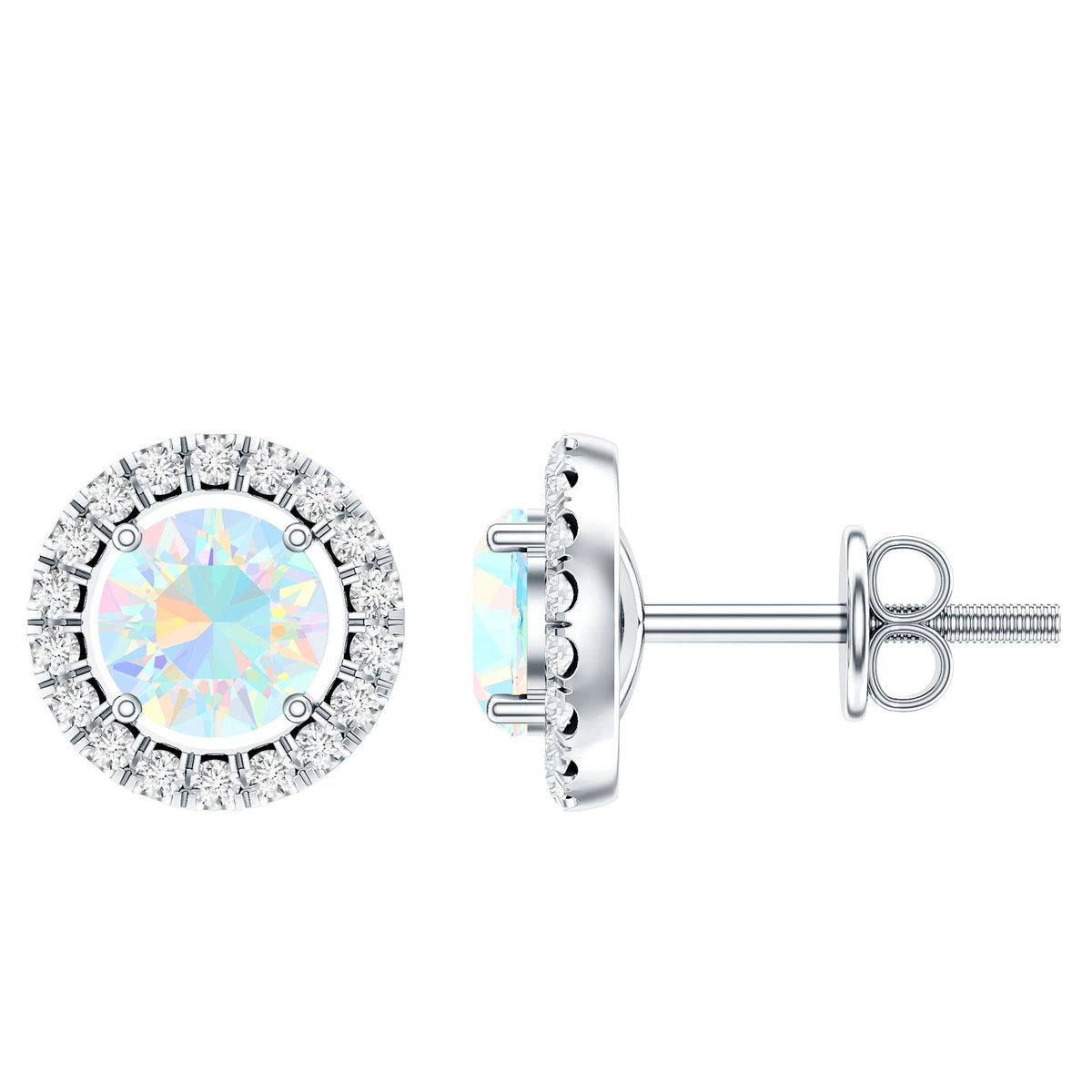 Ethiopian Opal Earrings – Round Opal Studs with Diamond Halo Design | Rosec Jewels