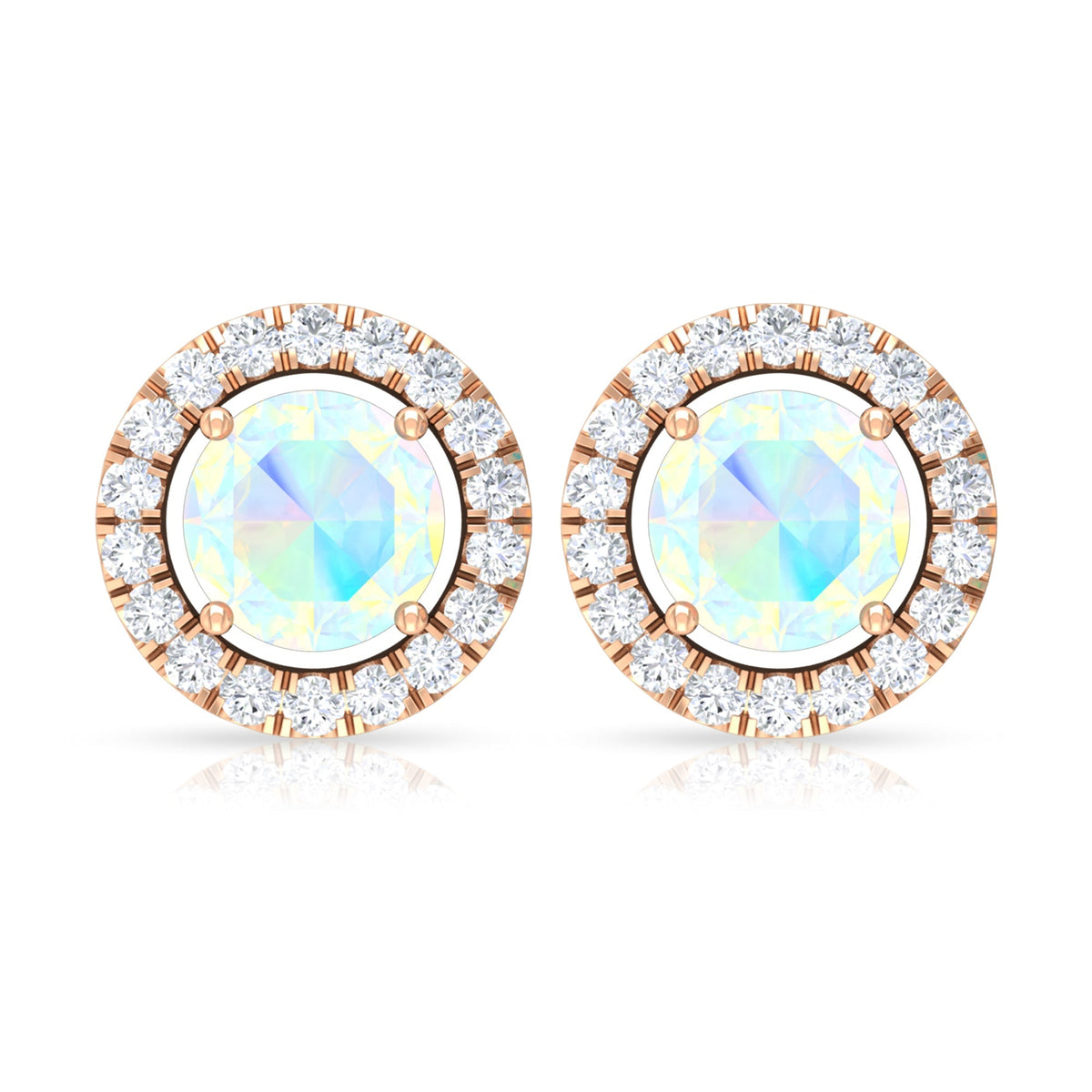Ethiopian Opal Earrings – Round Opal Studs with Diamond Halo Design | Rosec Jewels