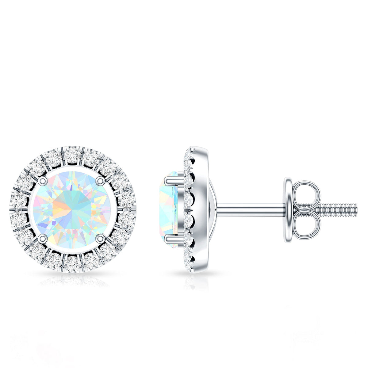 Ethiopian Opal Earrings – Round Opal Studs with Diamond Halo Design | Rosec Jewels