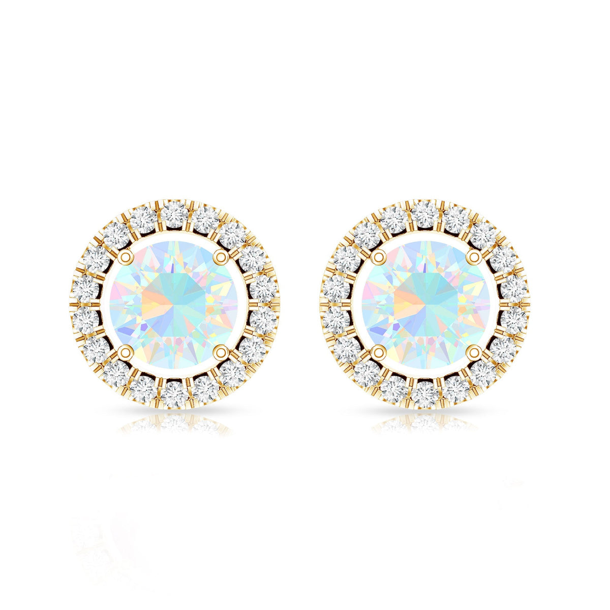 Ethiopian Opal Earrings – Round Opal Studs with Diamond Halo Design | Rosec Jewels