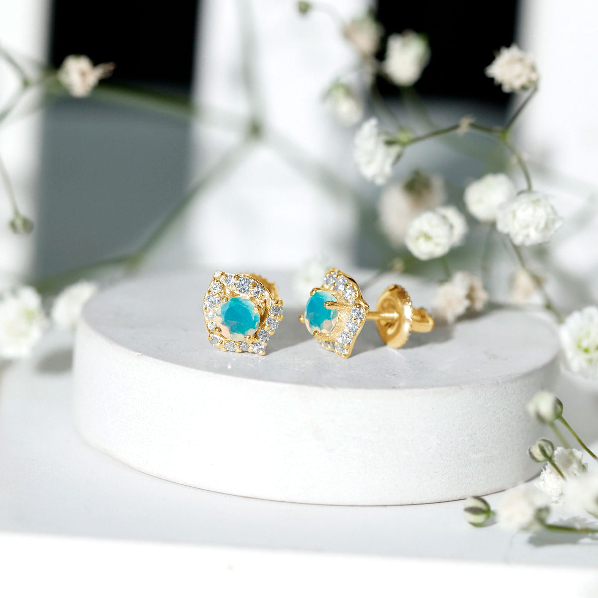 Ethiopian Opal Earrings – Vintage Opal Studs with Diamond Accent in Prong Setting