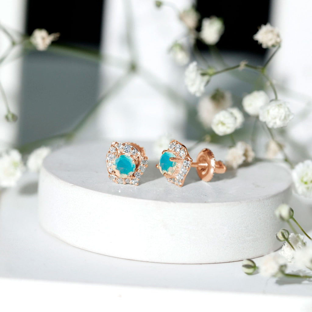 Ethiopian Opal Earrings – Vintage Opal Studs with Diamond Accent in Prong Setting