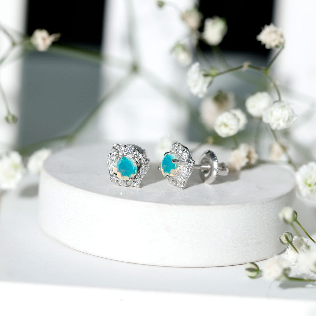 Ethiopian Opal Earrings – Vintage Opal Studs with Diamond Accent in Prong Setting