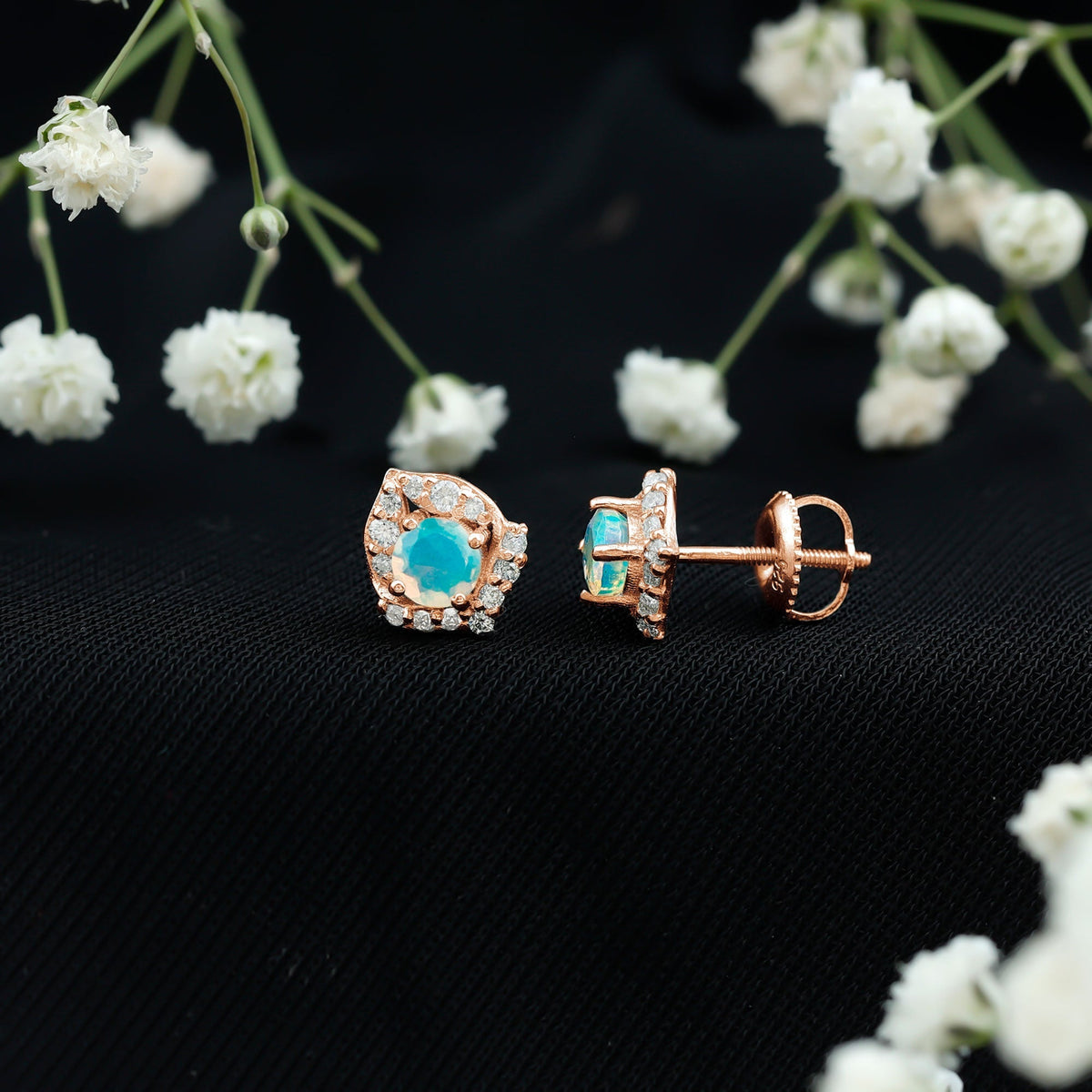 Ethiopian Opal Earrings – Vintage Opal Studs with Diamond Accent in Prong Setting