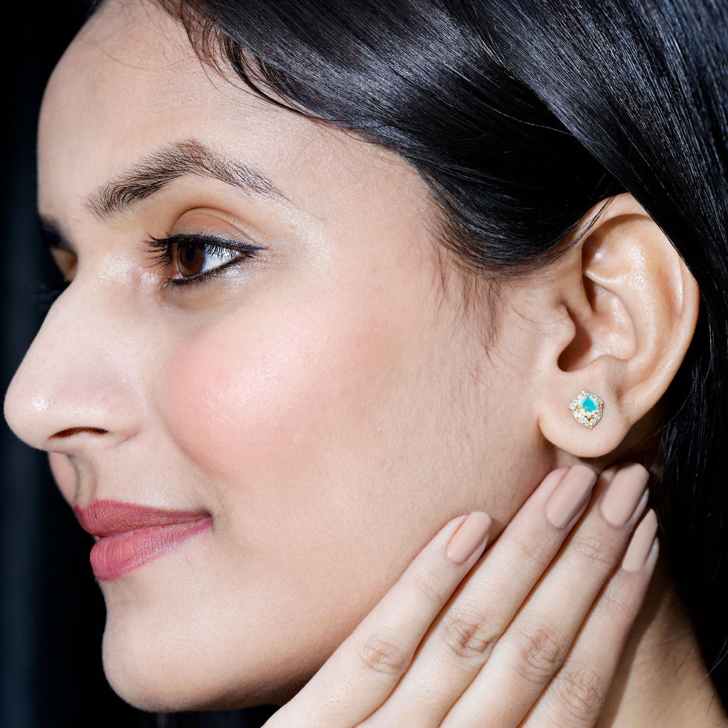 Ethiopian Opal Earrings – Vintage Opal Studs with Diamond Accent in Prong Setting