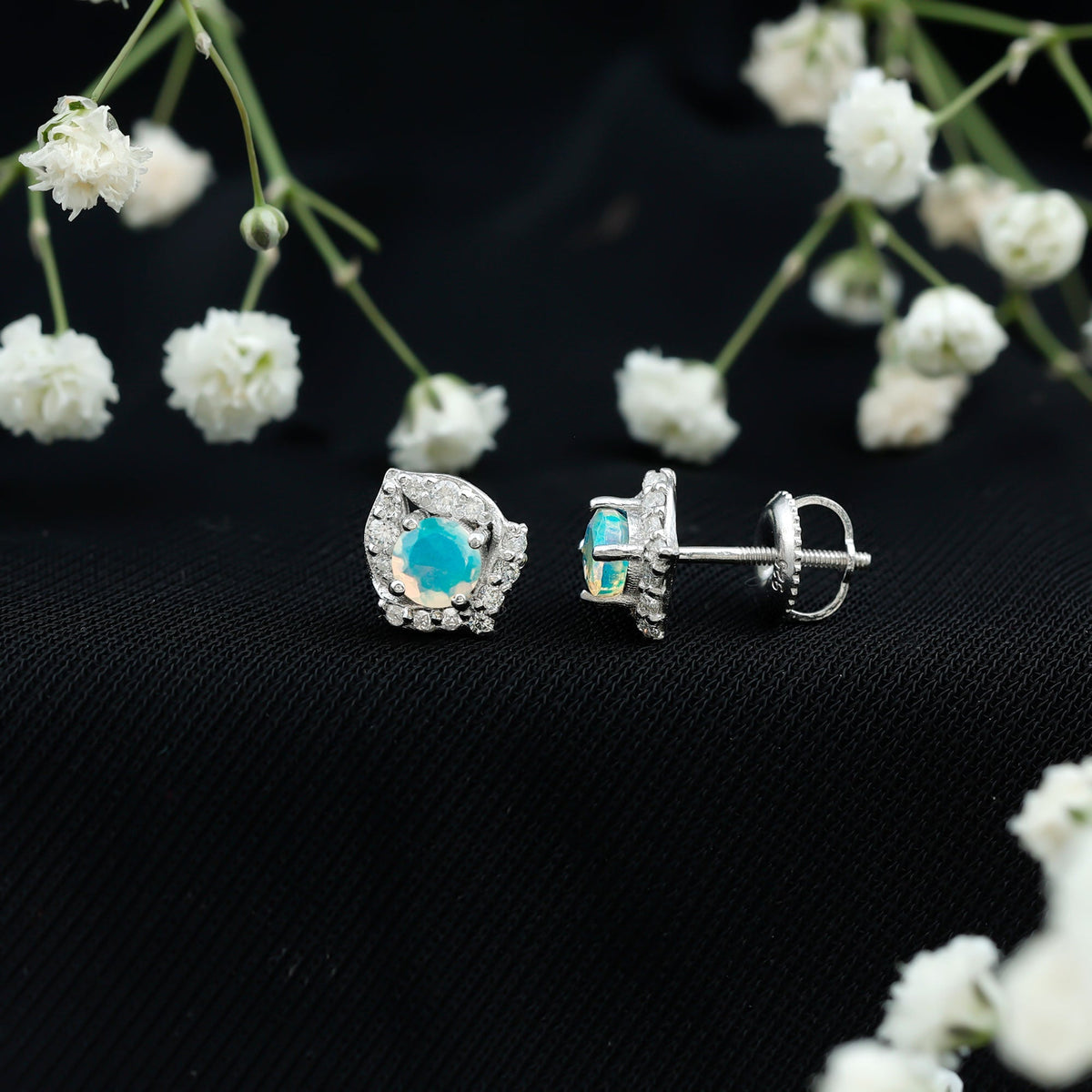 Ethiopian Opal Earrings – Vintage Opal Studs with Diamond Accent in Prong Setting