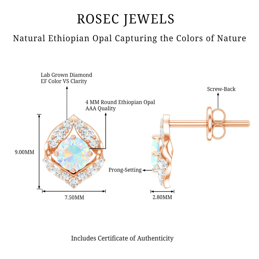 Ethiopian Opal Earrings – Vintage Opal Studs with Diamond Accent in Prong Setting