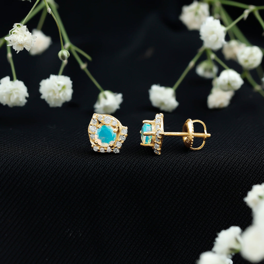 Ethiopian Opal Earrings – Vintage Opal Studs with Diamond Accent in Prong Setting