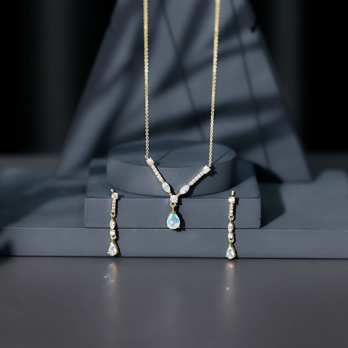 Ethiopian Opal Jewelry Set – Bridal Teardrop Pendant Necklace & Moissanite Earrings