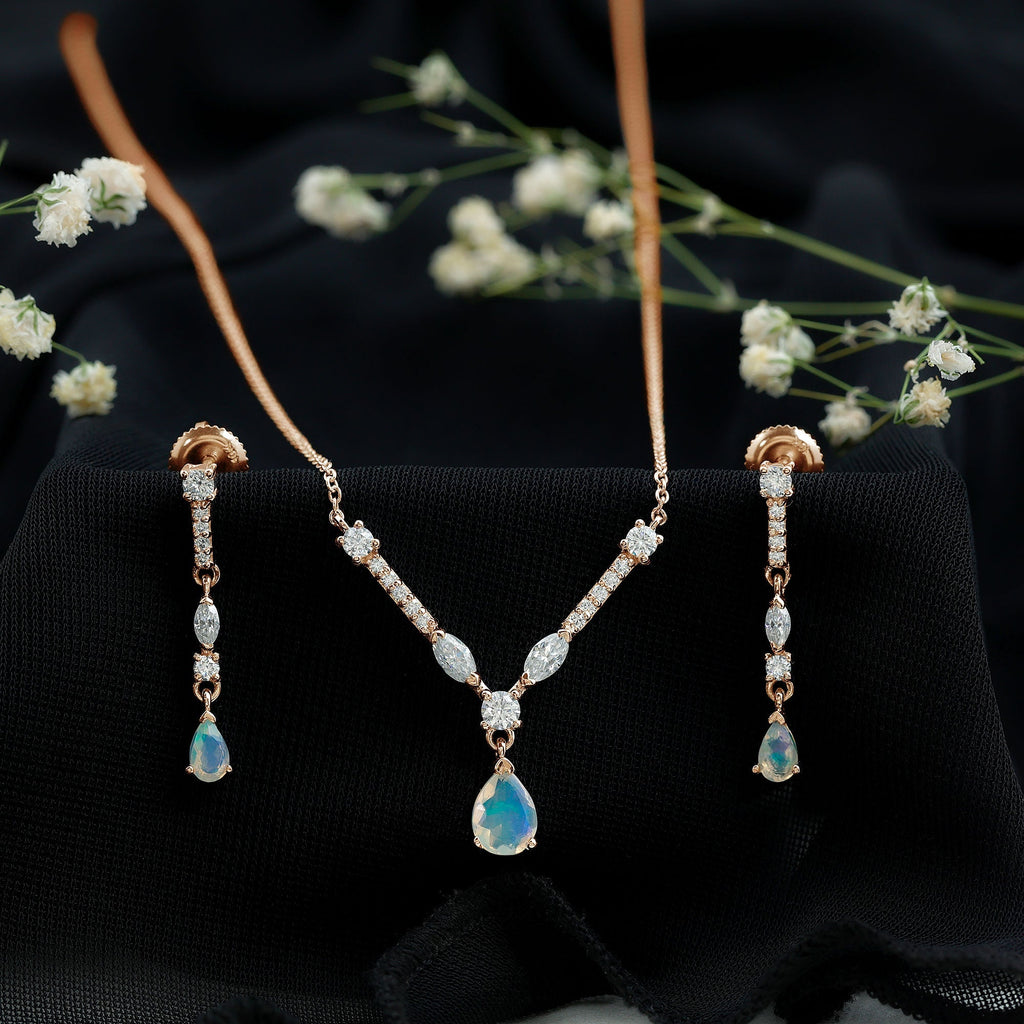 Ethiopian Opal Jewelry Set – Bridal Teardrop Pendant Necklace & Moissanite Earrings