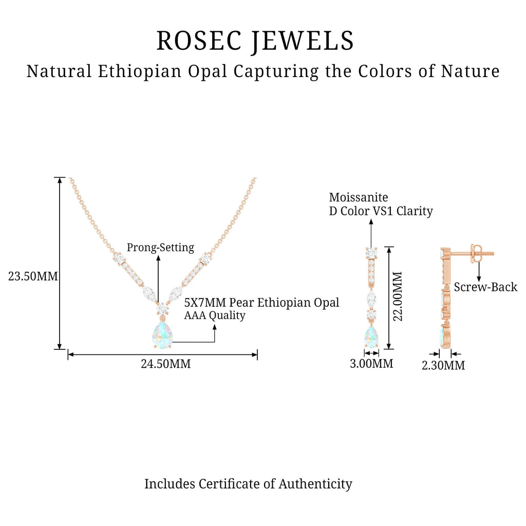 Ethiopian Opal Jewelry Set – Bridal Teardrop Pendant Necklace & Moissanite Earrings