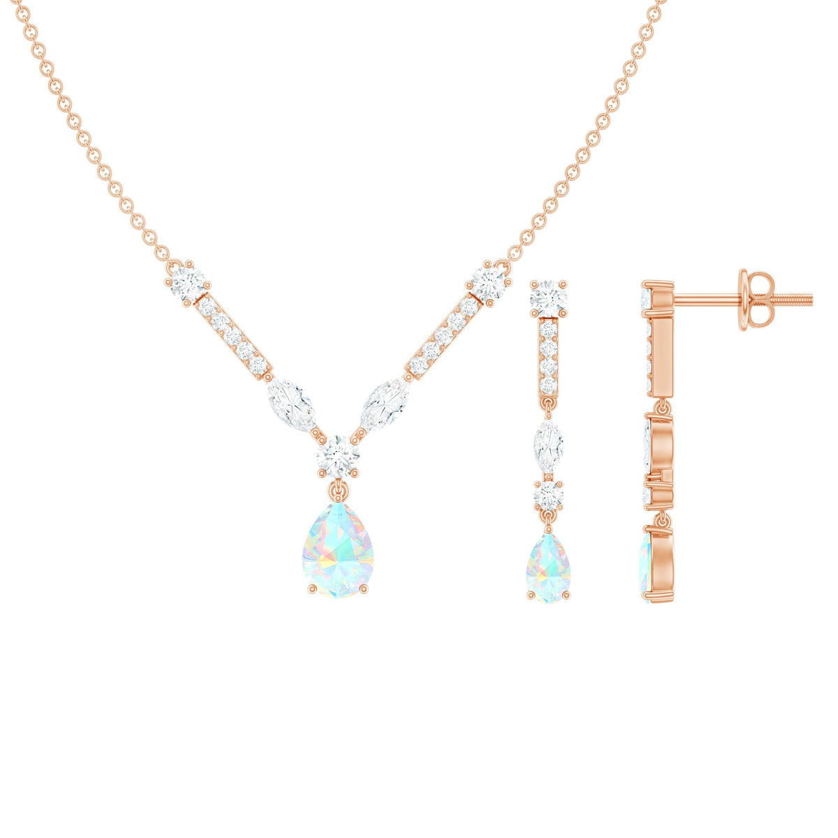Ethiopian Opal Jewelry Set – Bridal Teardrop Pendant Necklace & Moissanite Earrings