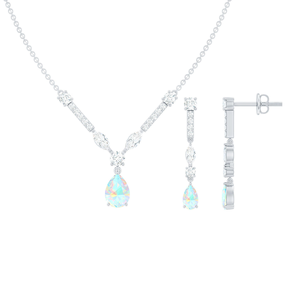 Ethiopian Opal Jewelry Set – Bridal Teardrop Pendant Necklace & Moissanite Earrings