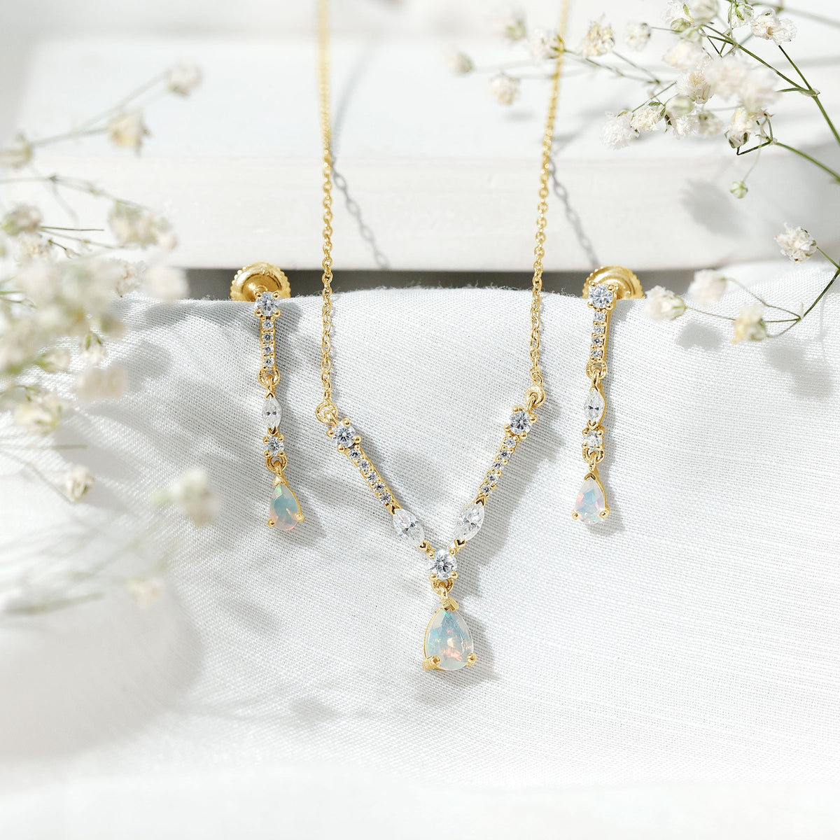 Ethiopian Opal Jewelry Set – Bridal Teardrop Pendant Necklace & Moissanite Earrings