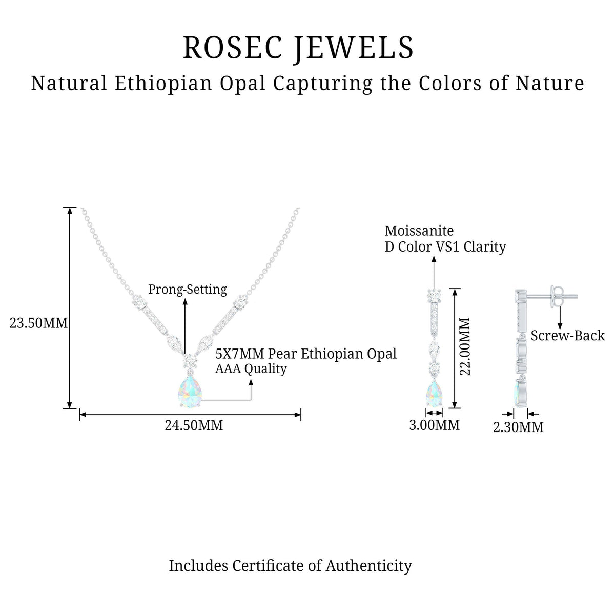 Ethiopian Opal Jewelry Set – Bridal Teardrop Pendant Necklace & Moissanite Earrings