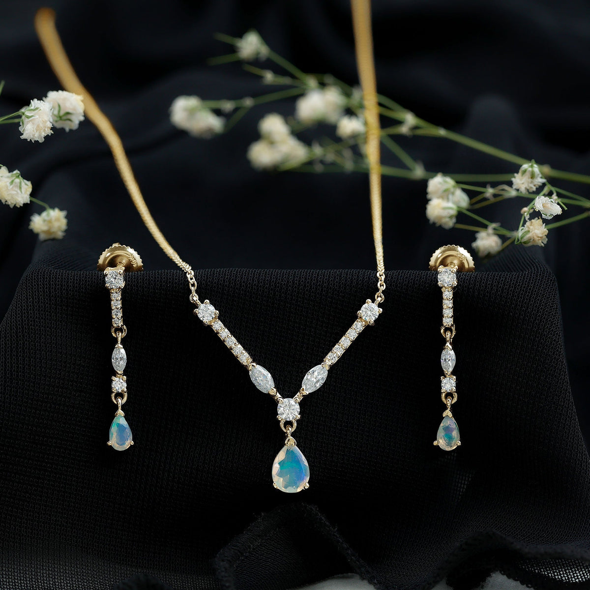 Ethiopian Opal Jewelry Set – Bridal Teardrop Pendant Necklace & Moissanite Earrings