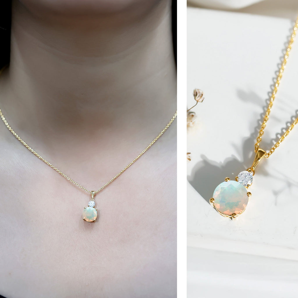 Ethiopian Opal Necklace - 1.25 Carat Solitaire Opal Pendant with Moissanite Accent
