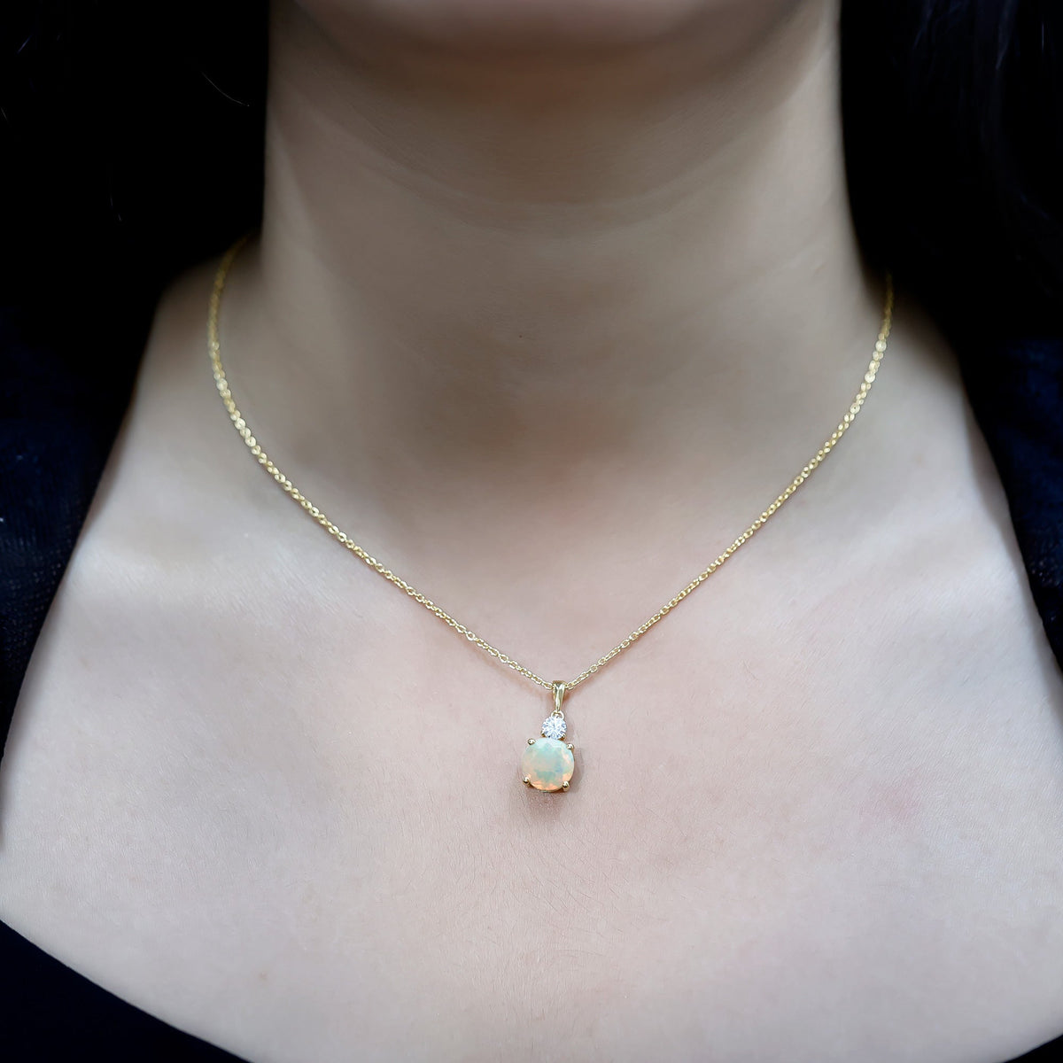 Ethiopian Opal Necklace - 1.25 Carat Solitaire Opal Pendant with Moissanite Accent