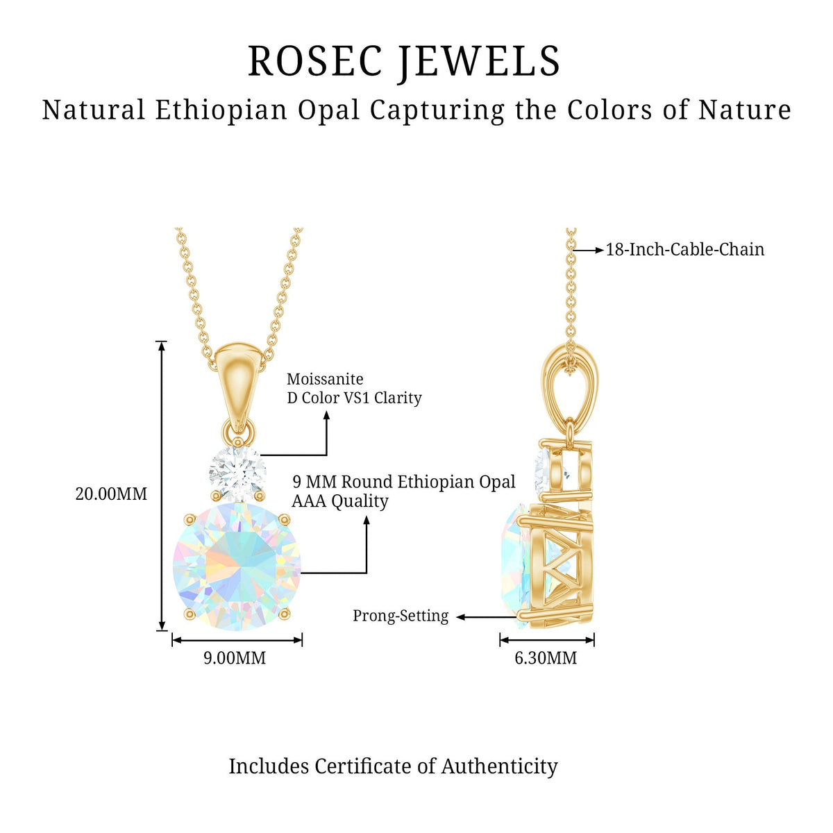 Ethiopian Opal Necklace - 1.25 Carat Solitaire Opal Pendant with Moissanite Accent
