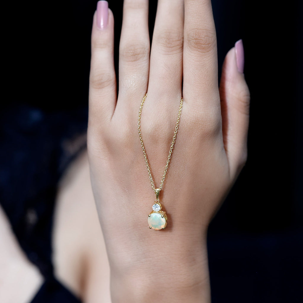 Ethiopian Opal Necklace - 1.25 Carat Solitaire Opal Pendant with Moissanite Accent