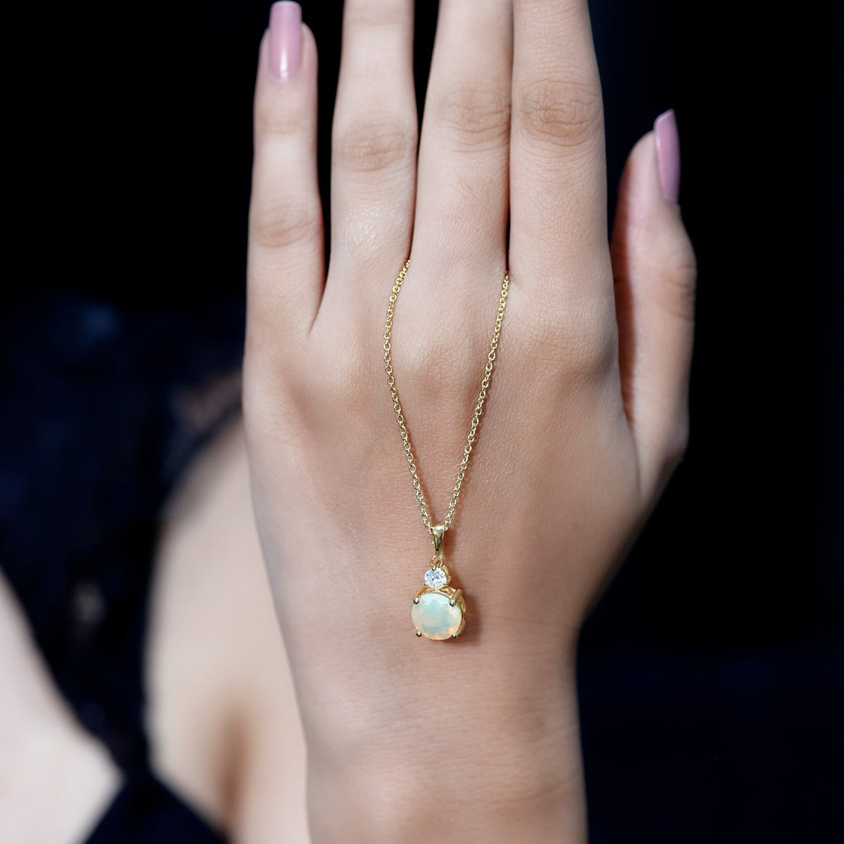 Ethiopian Opal Necklace - 1.25 Carat Solitaire Opal Pendant with Moissanite Accent