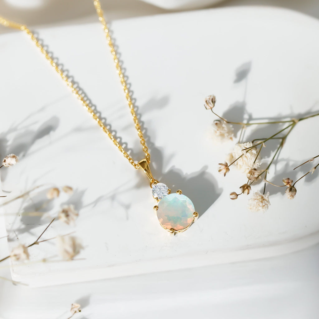 Ethiopian Opal Necklace - 1.25 Carat Solitaire Opal Pendant with Moissanite Accent