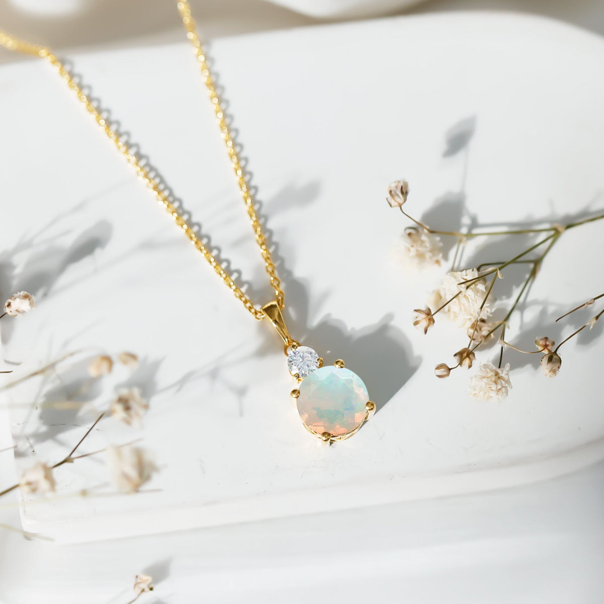Ethiopian Opal Necklace - 1.25 Carat Solitaire Opal Pendant with Moissanite Accent