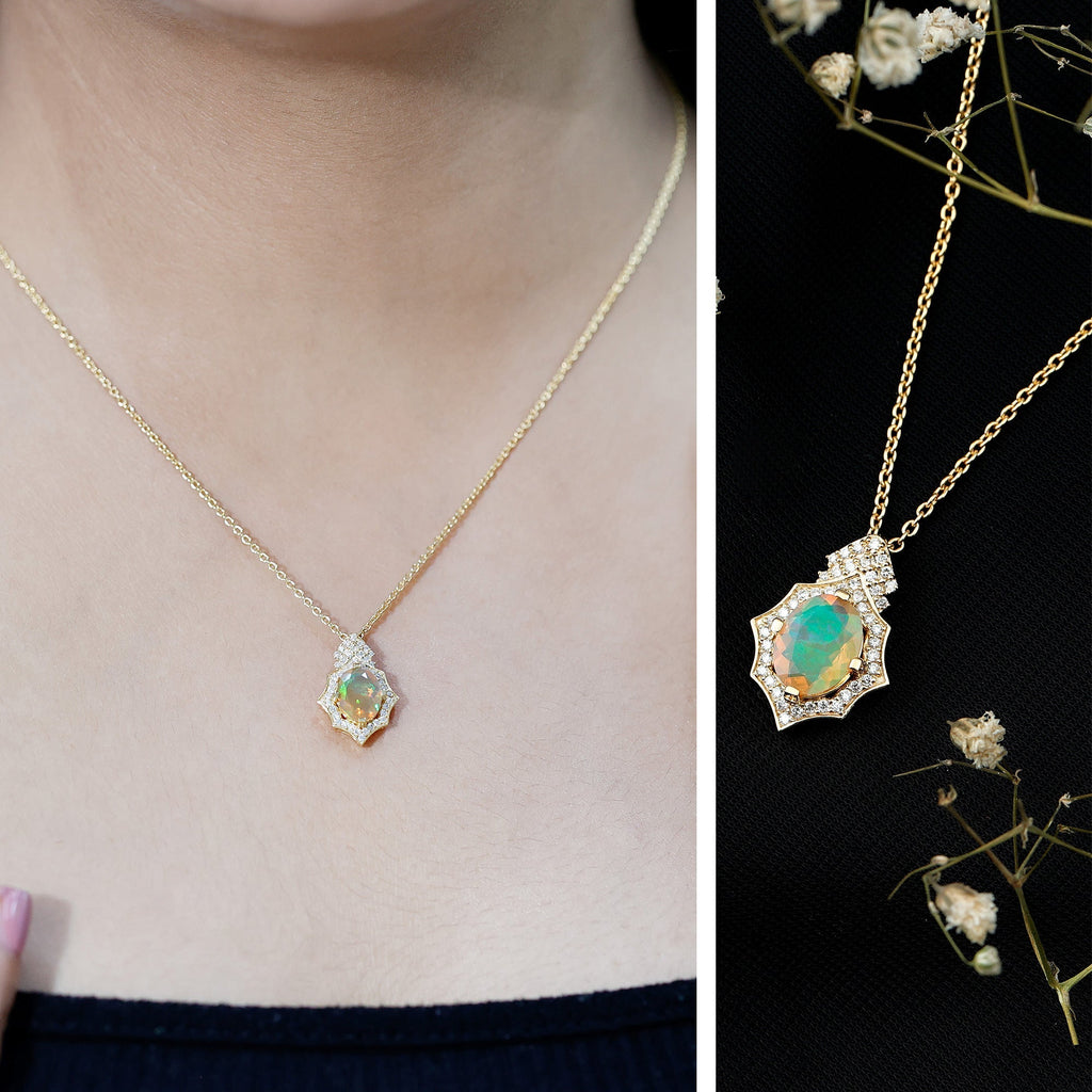 Ethiopian Opal Necklace – Vintage Opal Pendant With Lab Grown Diamonds 2 Carat