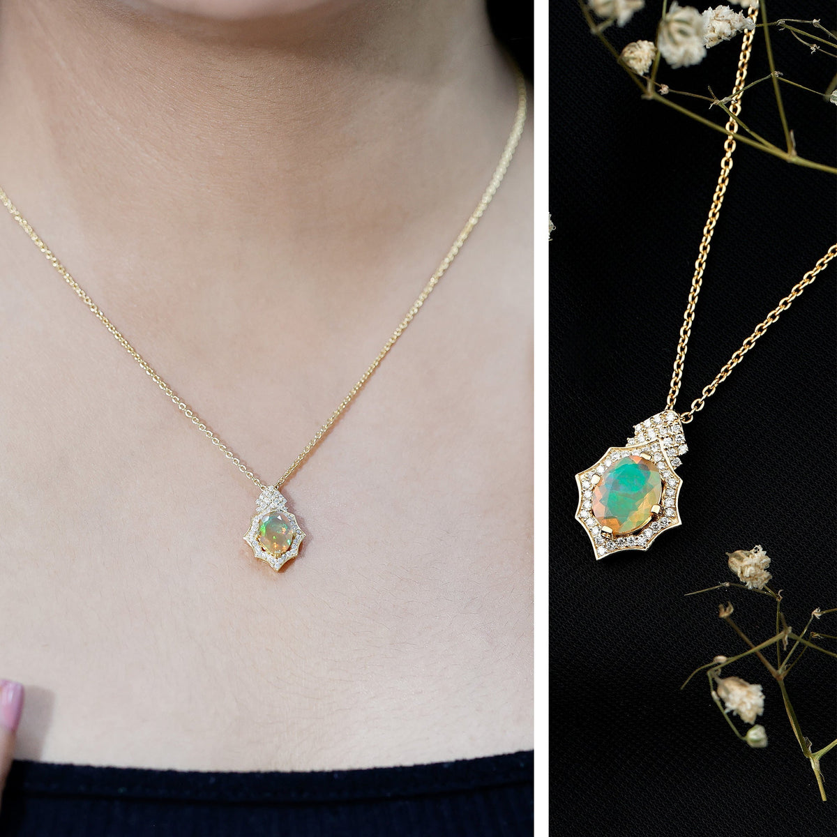 Ethiopian Opal Necklace – Vintage Opal Pendant With Lab Grown Diamonds 2 Carat