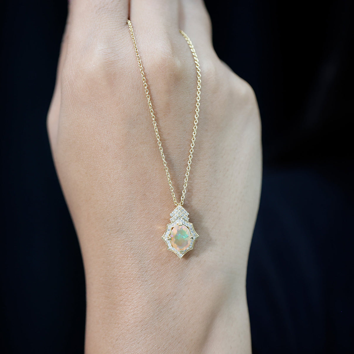 Ethiopian Opal Necklace – Vintage Opal Pendant With Lab Grown Diamonds 2 Carat