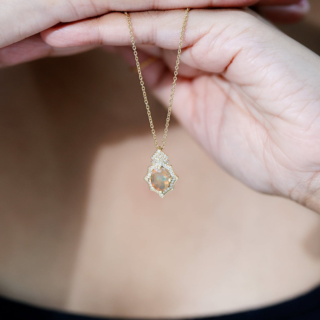 Ethiopian Opal Necklace – Vintage Opal Pendant With Lab Grown Diamonds 2 Carat