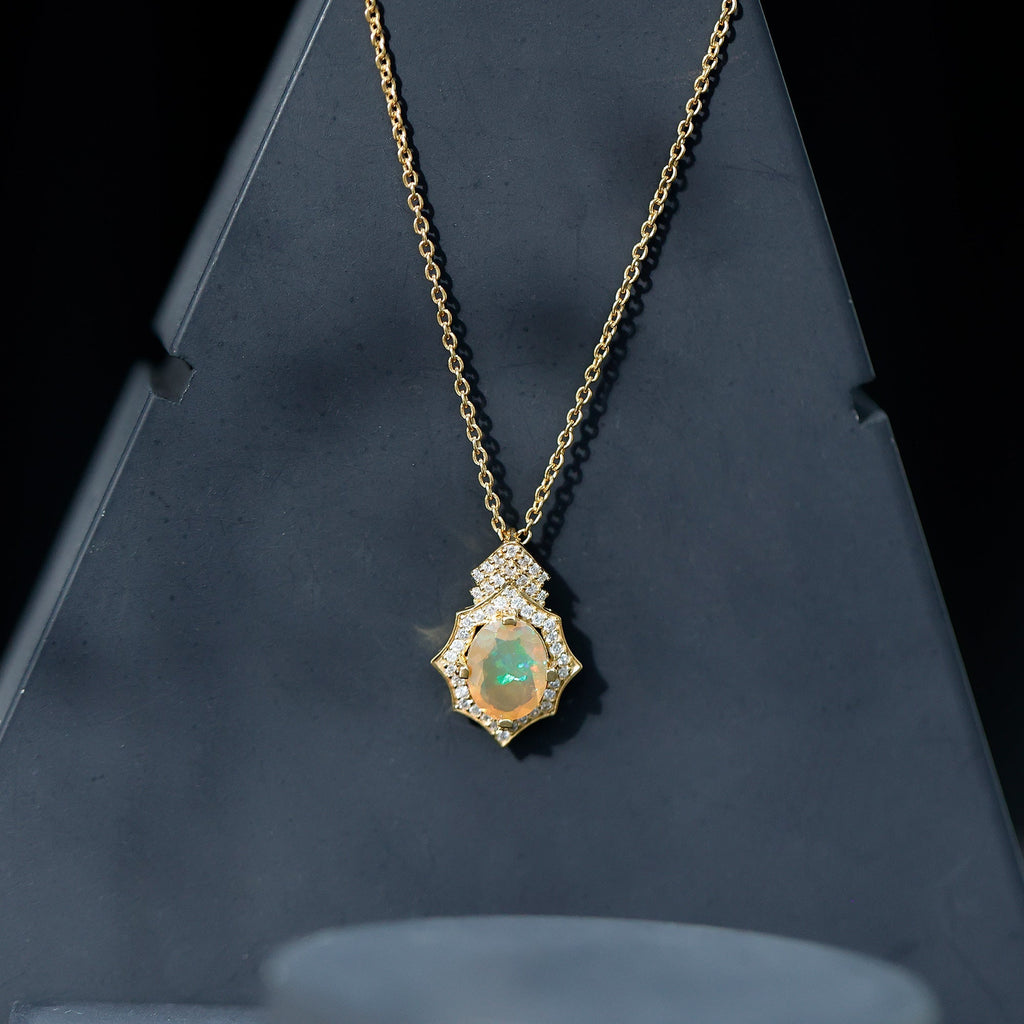 Ethiopian Opal Necklace – Vintage Opal Pendant With Lab Grown Diamonds 2 Carat
