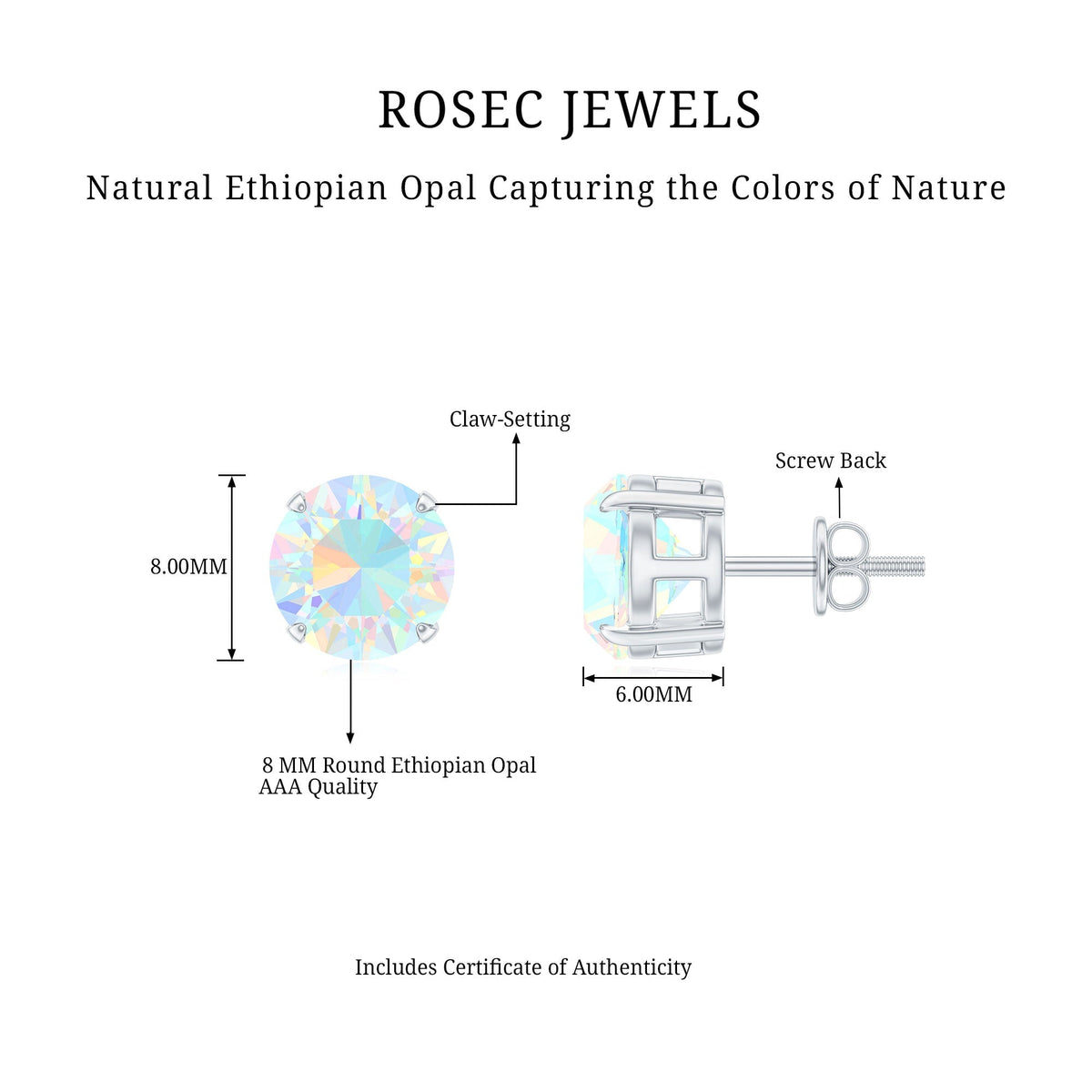 Ethiopian Opal Stud Earrings – 4 Carat Round Cut Solitaire Claw Setting